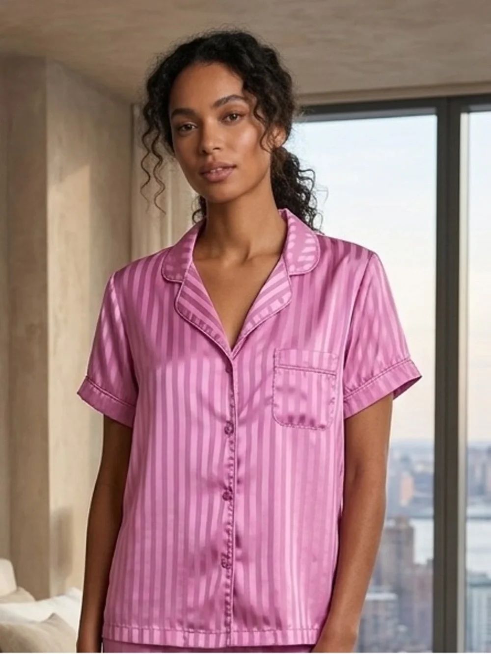 Take 50% OFF- Tart Intimate Pink Satin Striped Button-Front Top, Size-M